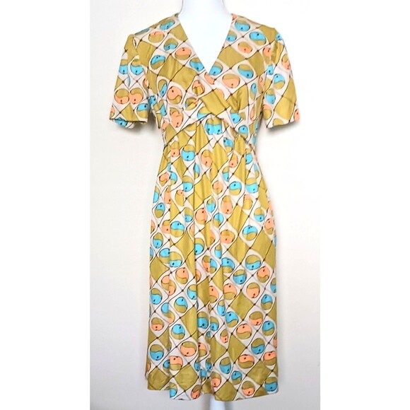 VTG 60s Mod Chartreuse Aqua Print Knee Length Dress Tie Back Sz S/M - Picture 1 of 5
